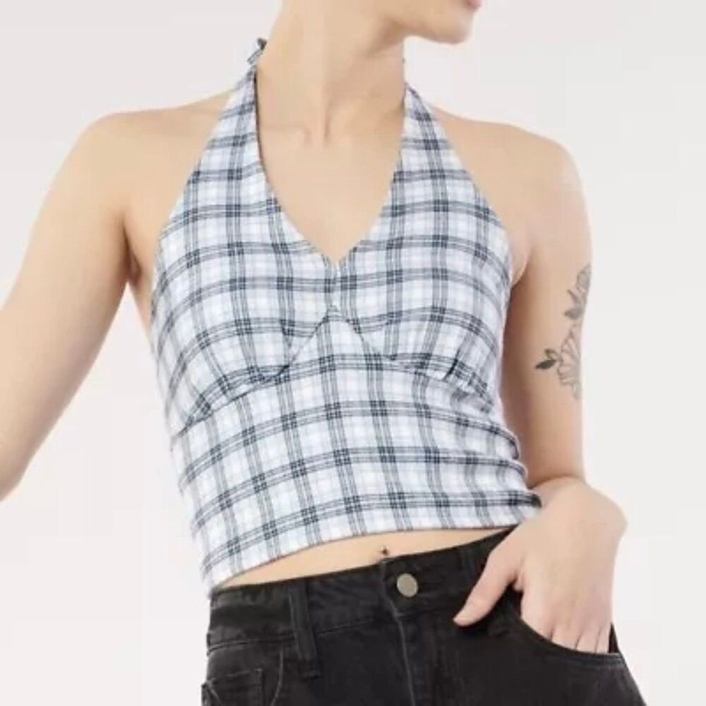 Hollister Women's Plaid Flannel Halter Self Tie Smocked Back Crop Top M